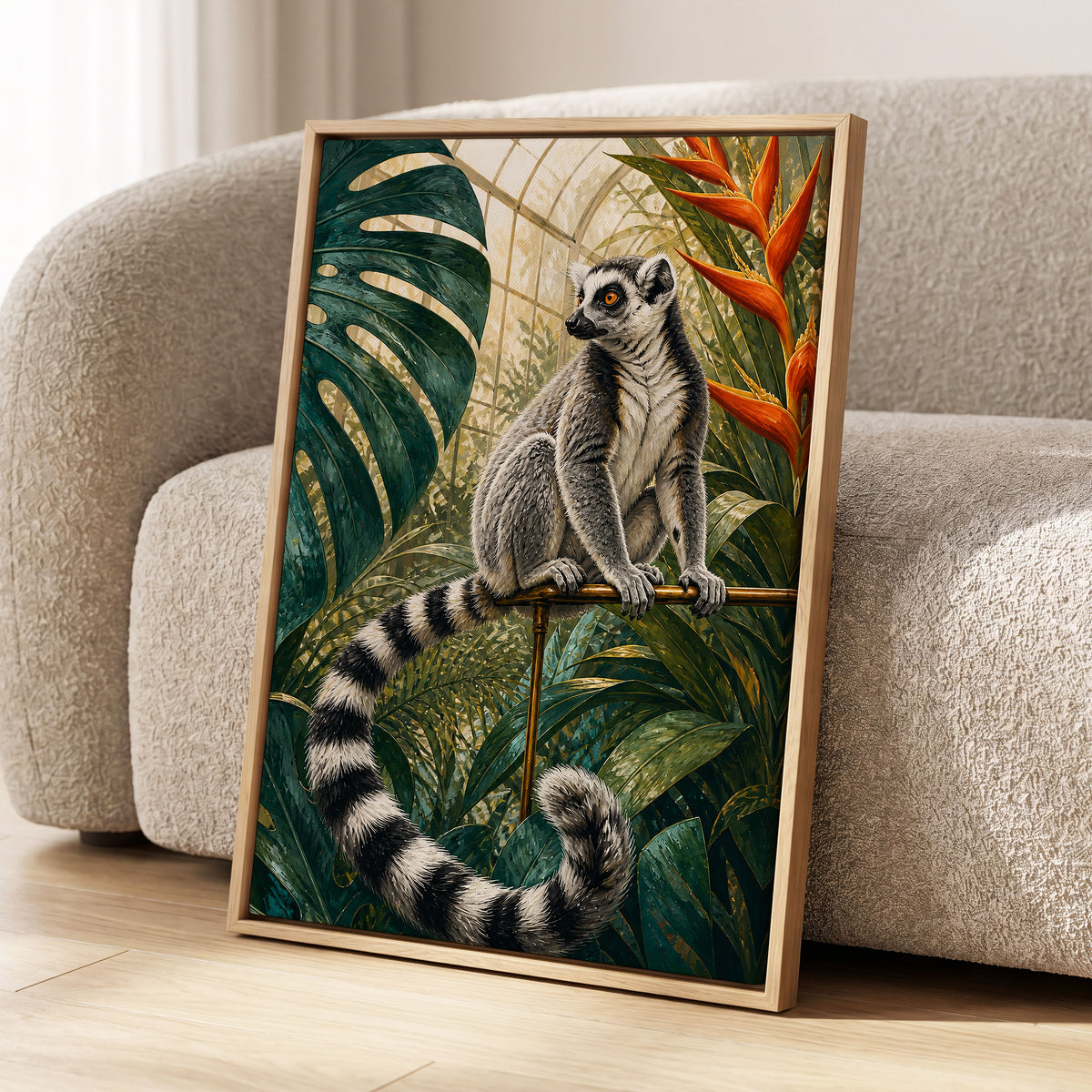 The Glasshouse Lemur, green, black, white nature wall art displayed in a styled interior, gallery view 8