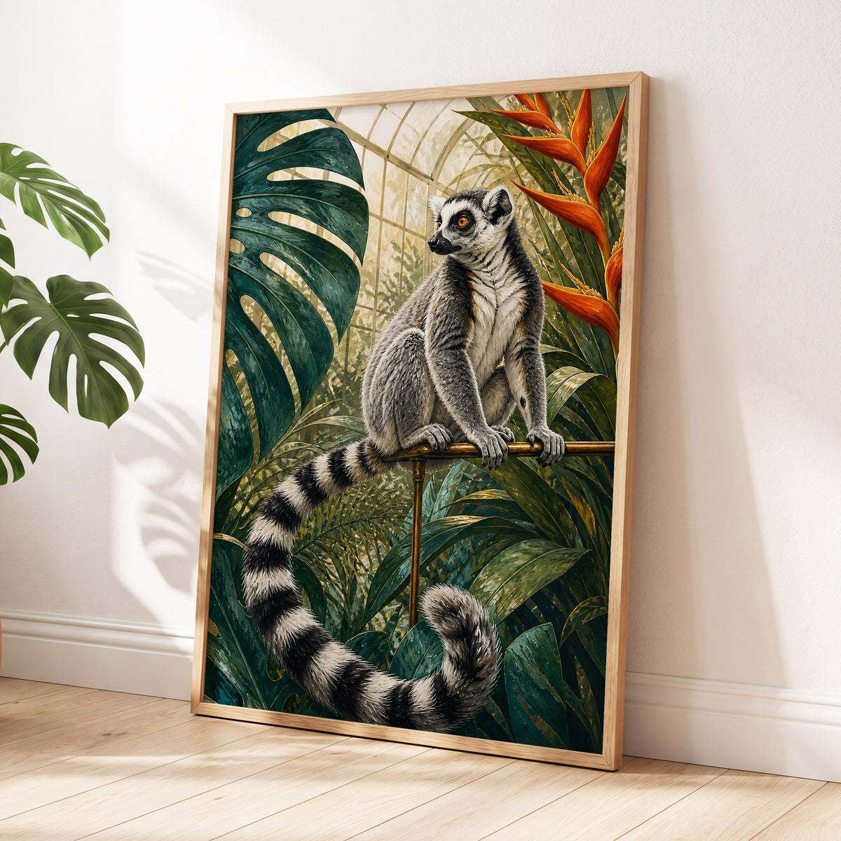 The Glasshouse Lemur, green, black, white nature wall art displayed in a styled interior, gallery view 9