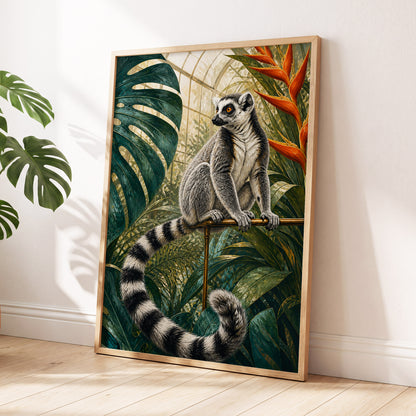 The Glasshouse Lemur, green, black, white nature wall art displayed in a styled interior, gallery view 9