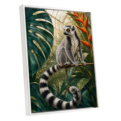 The Glasshouse Lemur, green, black, white nature wall art shown as a white framed canvas wall art