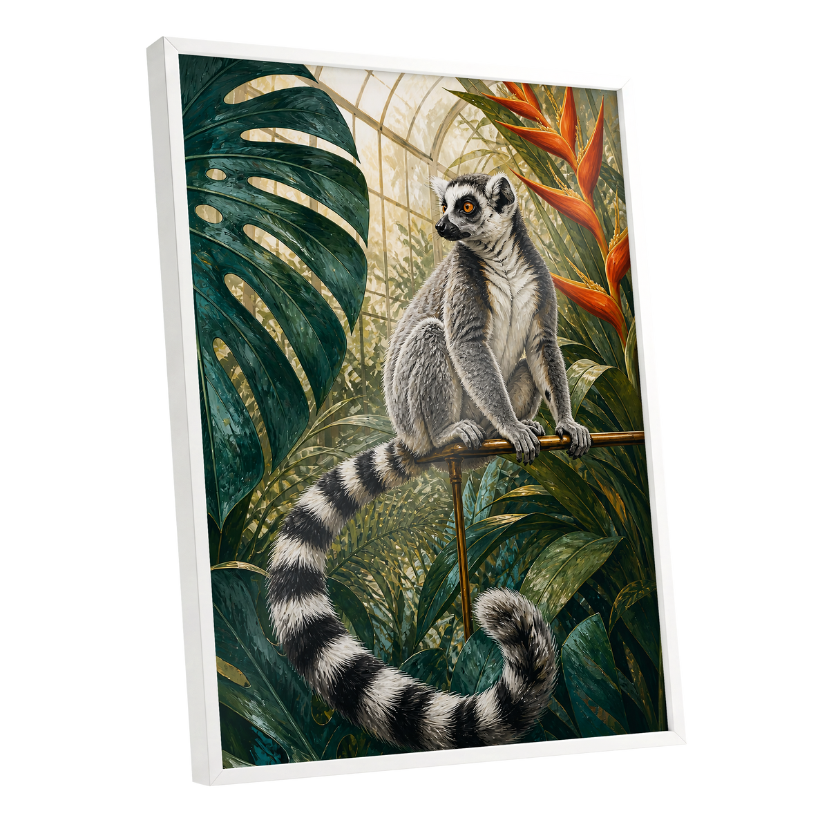 The Glasshouse Lemur, green, black, white nature wall art shown as a white framed poster wall art print