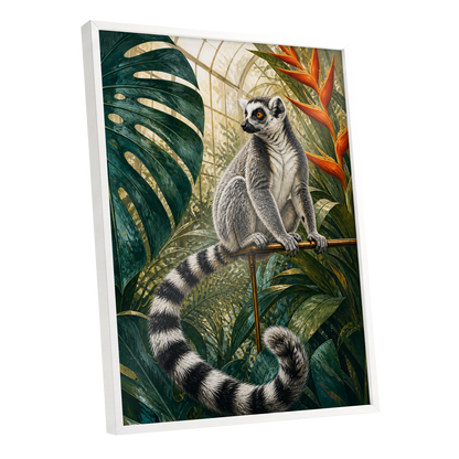 The Glasshouse Lemur, green, black, white nature wall art shown as a white framed poster wall art print