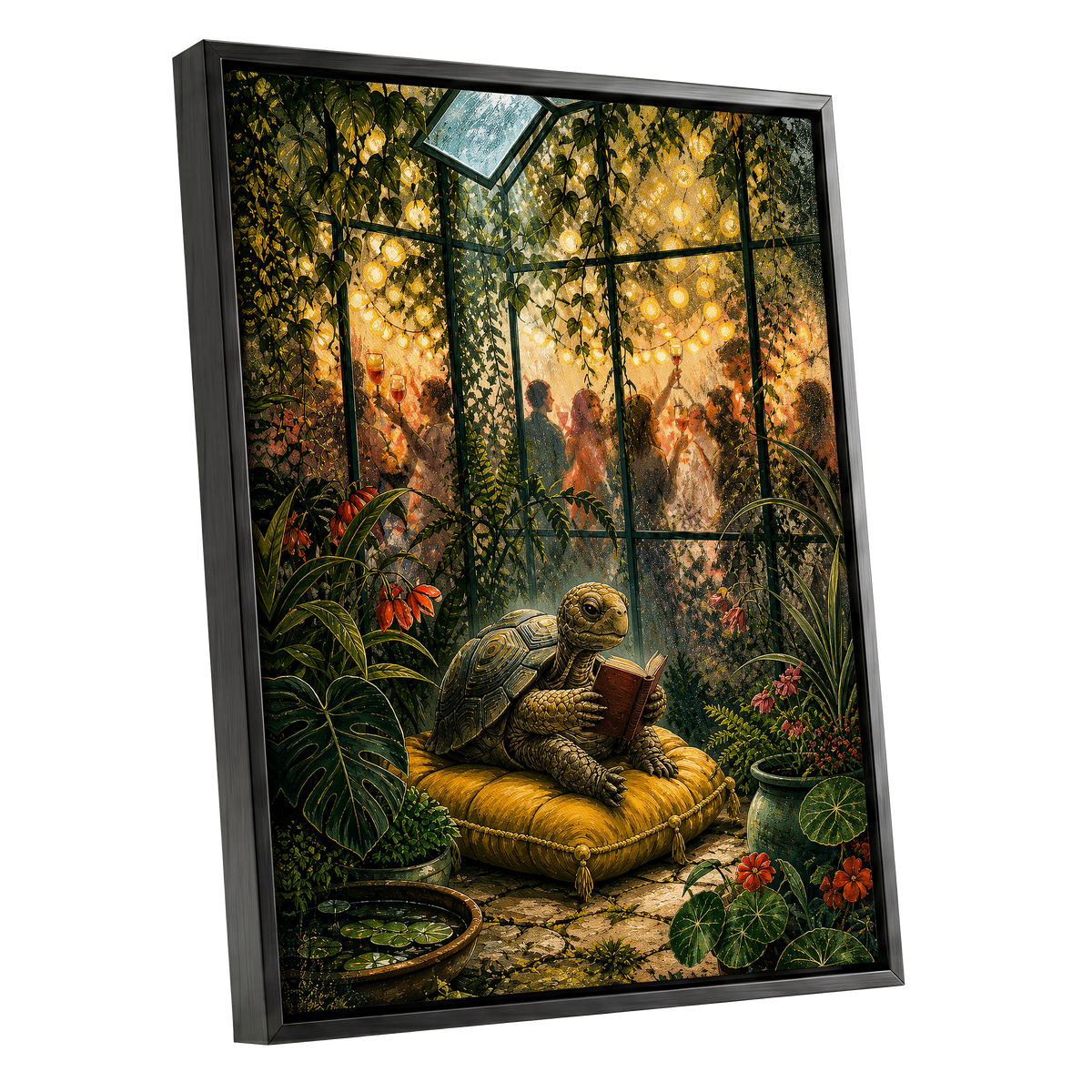 The Glasshouse Reader, green, gold, black nature wall art shown as a black framed canvas wall art