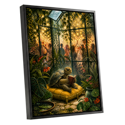 The Glasshouse Reader, green, gold, black nature wall art shown as a black framed canvas wall art