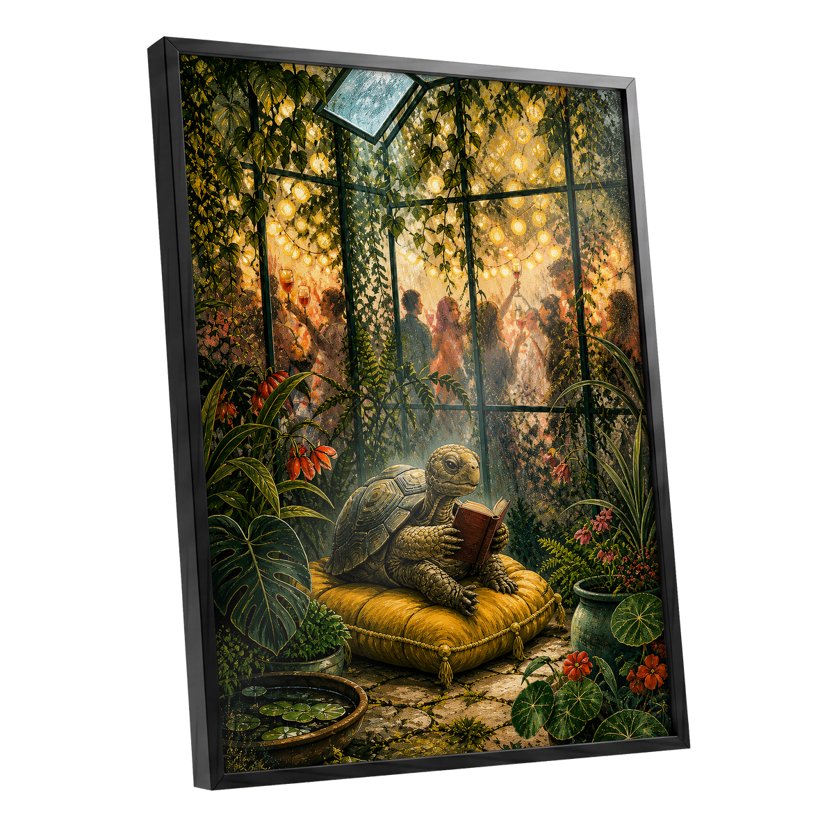 The Glasshouse Reader, green, gold, black nature wall art shown as a black framed poster wall art print