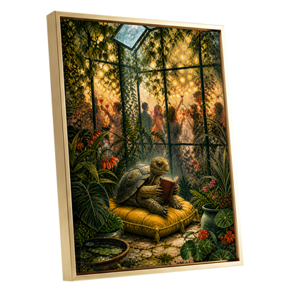 The Glasshouse Reader, green, gold, black nature wall art shown as a gold framed canvas wall art