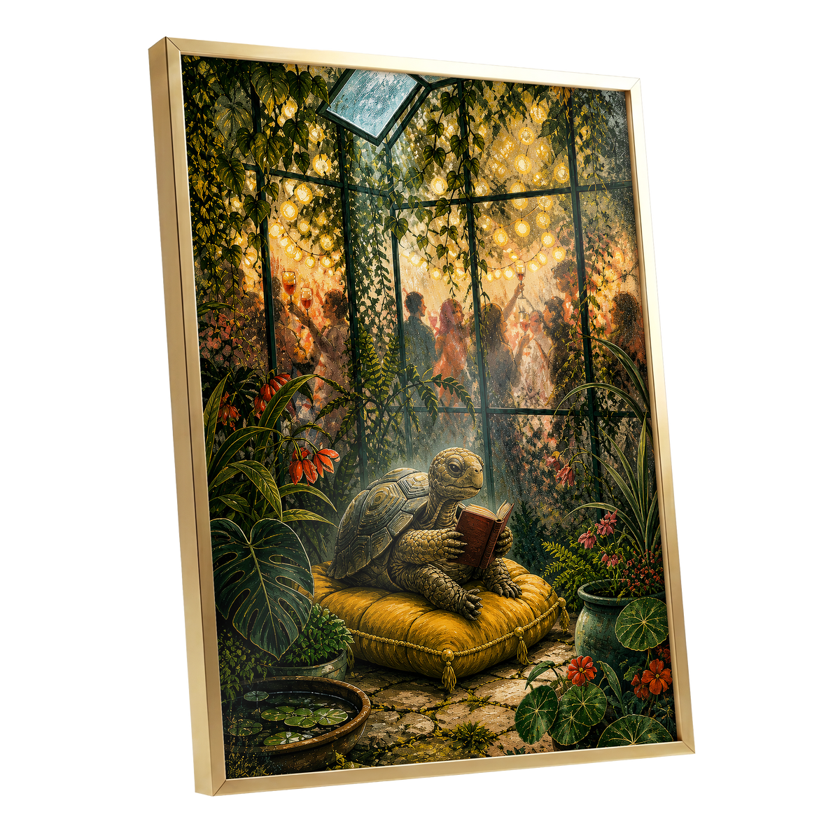 The Glasshouse Reader, green, gold, black nature wall art shown as a gold framed poster wall art print