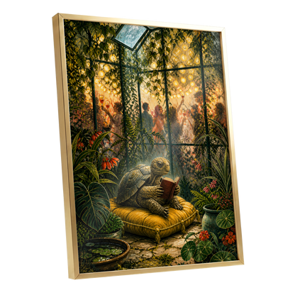 The Glasshouse Reader, green, gold, black nature wall art shown as a gold framed poster wall art print