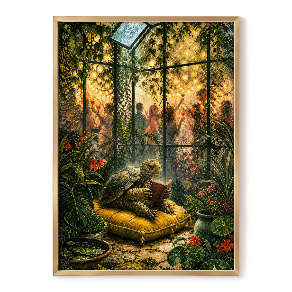 The Glasshouse Reader, green, gold, black nature wall art, front artwork view