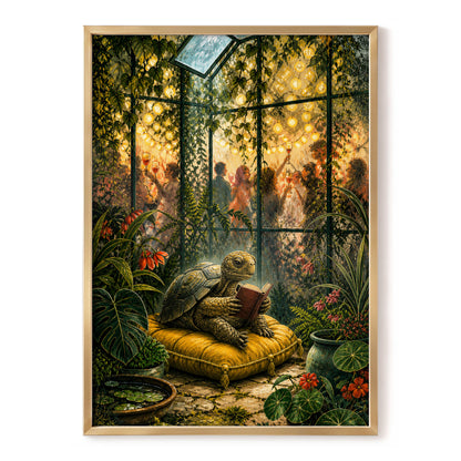 The Glasshouse Reader, green, gold, black nature wall art, front artwork view