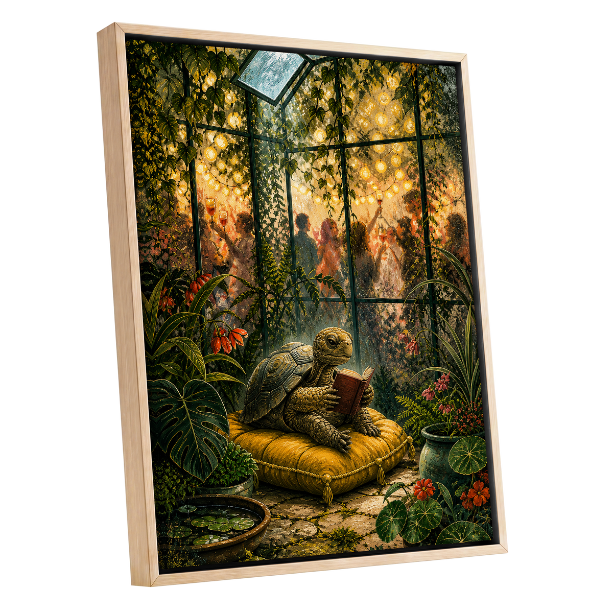 The Glasshouse Reader, green, gold, black nature wall art shown as a oak framed canvas wall art