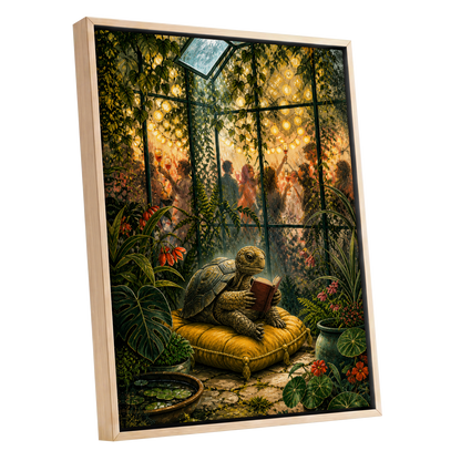 The Glasshouse Reader, green, gold, black nature wall art shown as a oak framed canvas wall art