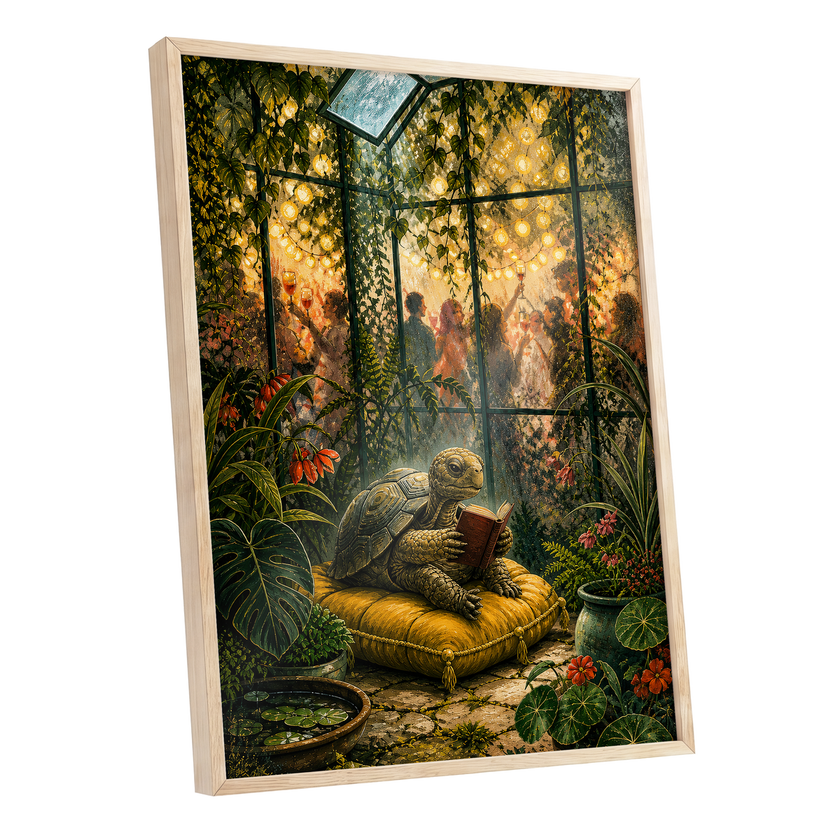 The Glasshouse Reader, green, gold, black nature wall art shown as a oak framed poster wall art print