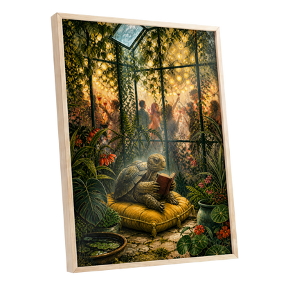 The Glasshouse Reader, green, gold, black nature wall art shown as a oak framed poster wall art print