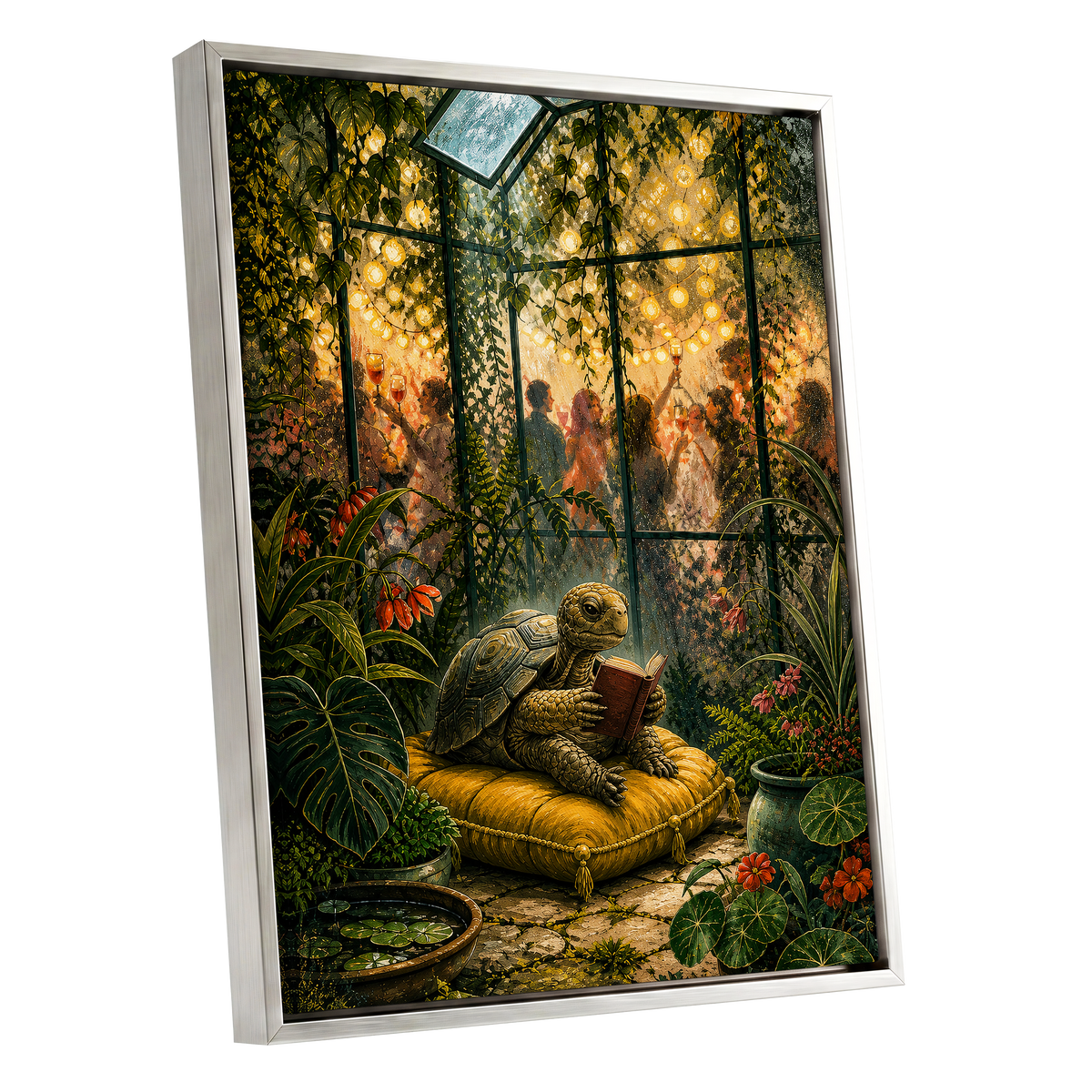 The Glasshouse Reader, green, gold, black nature wall art shown as a silver framed canvas wall art