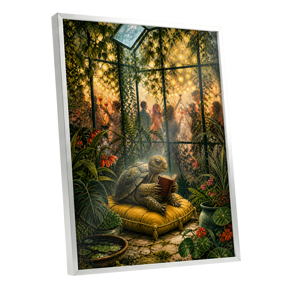 The Glasshouse Reader, green, gold, black nature wall art shown as a silver framed poster wall art print