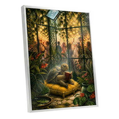 The Glasshouse Reader, green, gold, black nature wall art shown as a silver framed poster wall art print