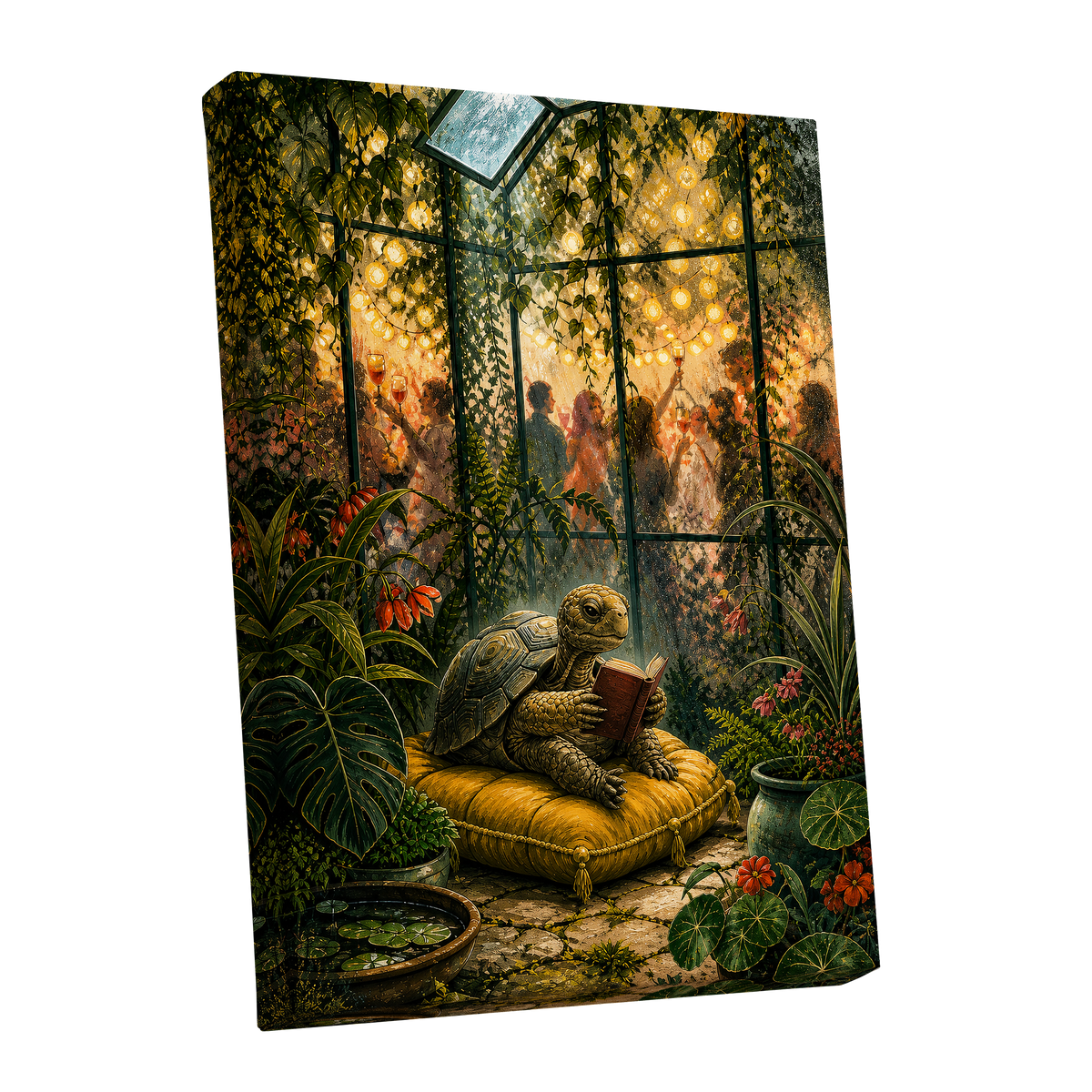 The Glasshouse Reader, green, gold, black nature wall art shown as a stretched canvas wall art