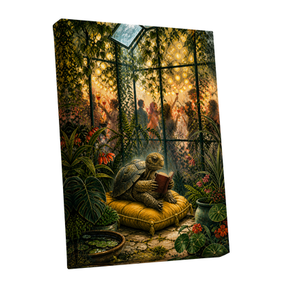 The Glasshouse Reader, green, gold, black nature wall art shown as a stretched canvas wall art