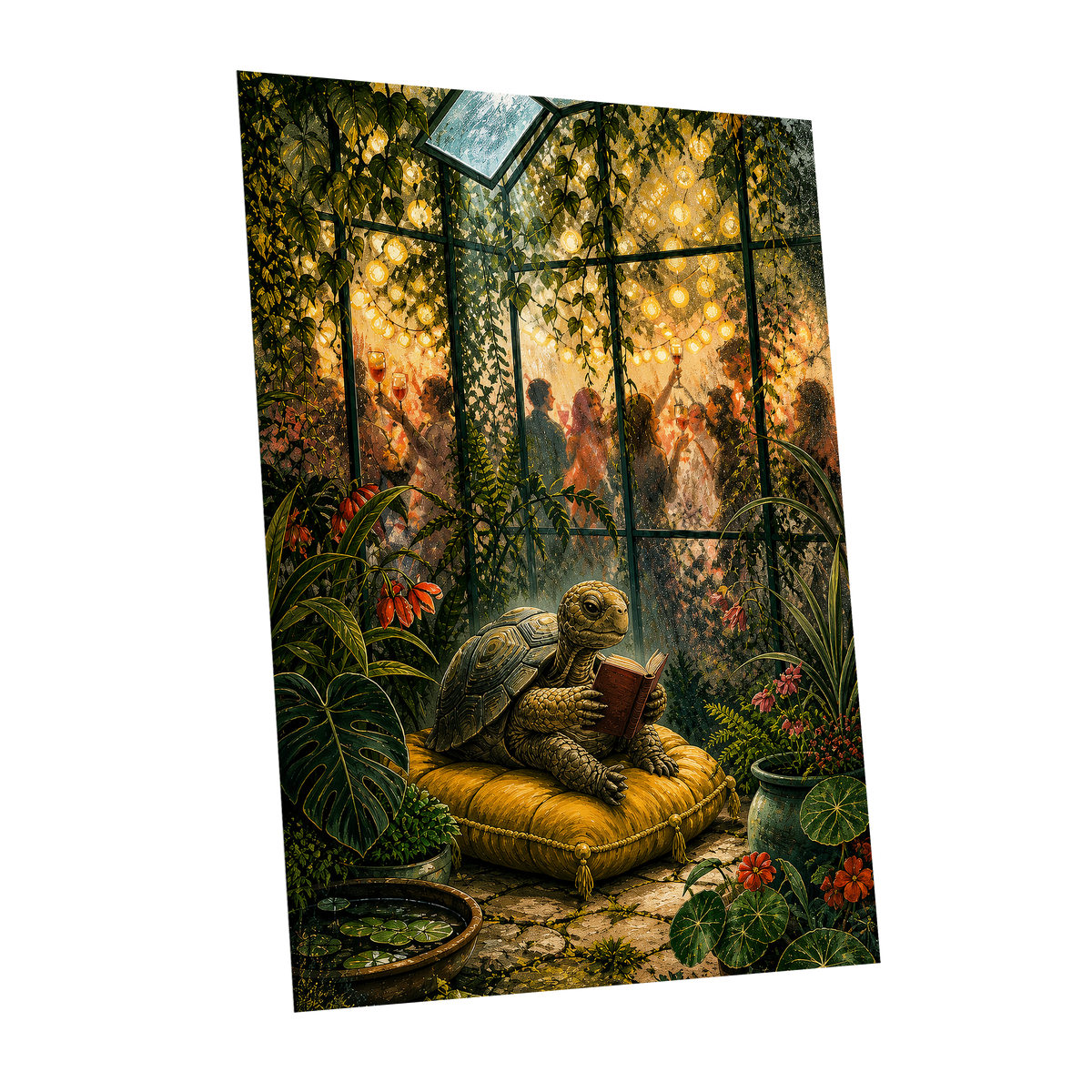The Glasshouse Reader, green, gold, black nature wall art shown as a unframed poster wall art print