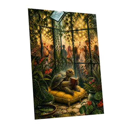 The Glasshouse Reader, green, gold, black nature wall art shown as a unframed poster wall art print