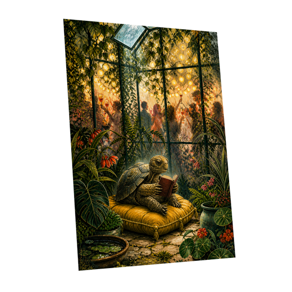 The Glasshouse Reader, green, gold, black nature wall art shown as a unframed poster wall art print