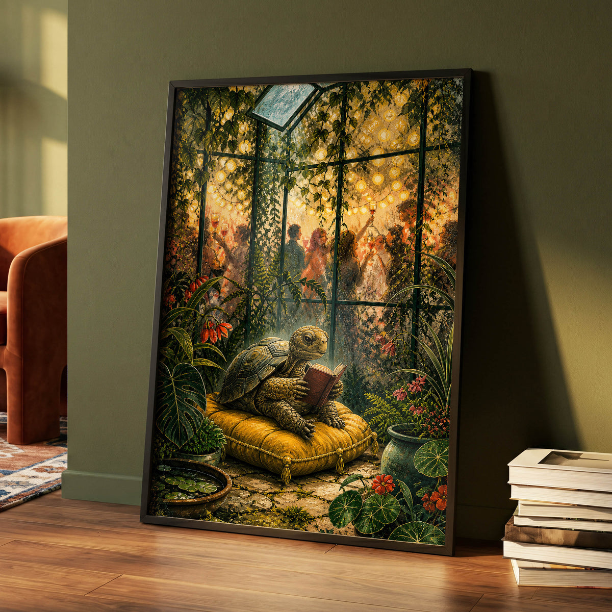 The Glasshouse Reader, green, gold, black nature wall art displayed in a styled interior, gallery view 2