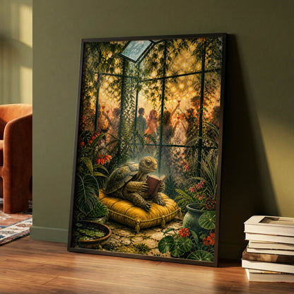 The Glasshouse Reader, green, gold, black nature wall art displayed in a styled interior, gallery view 2