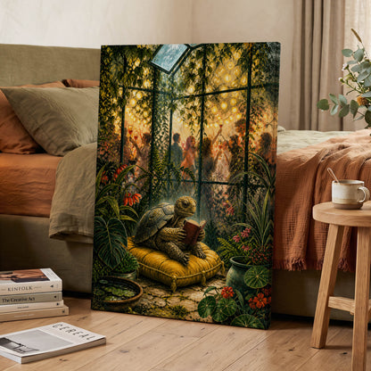 The Glasshouse Reader, green, gold, black nature wall art displayed in a styled interior, gallery view 3