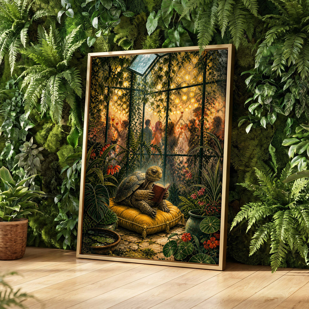 The Glasshouse Reader, green, gold, black nature wall art displayed in a styled interior, gallery view 4