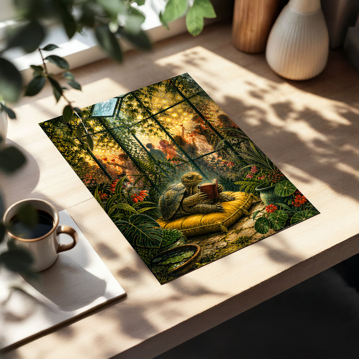 The Glasshouse Reader, green, gold, black nature wall art displayed in a styled interior, gallery view 5