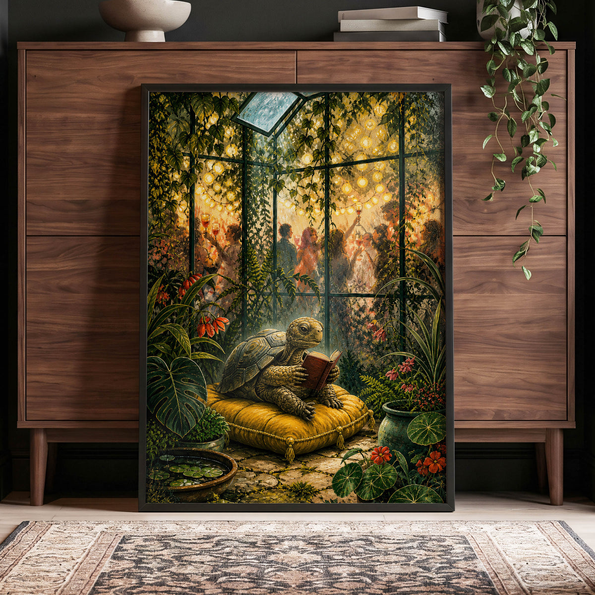 The Glasshouse Reader, green, gold, black nature wall art displayed in a styled interior, gallery view 6