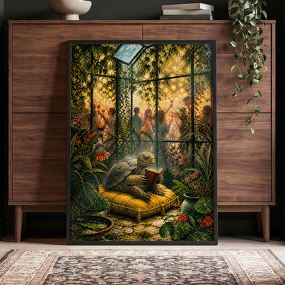 The Glasshouse Reader, green, gold, black nature wall art displayed in a styled interior, gallery view 6
