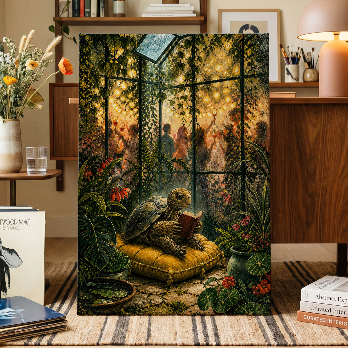 The Glasshouse Reader, green, gold, black nature wall art displayed in a styled interior, gallery view 7