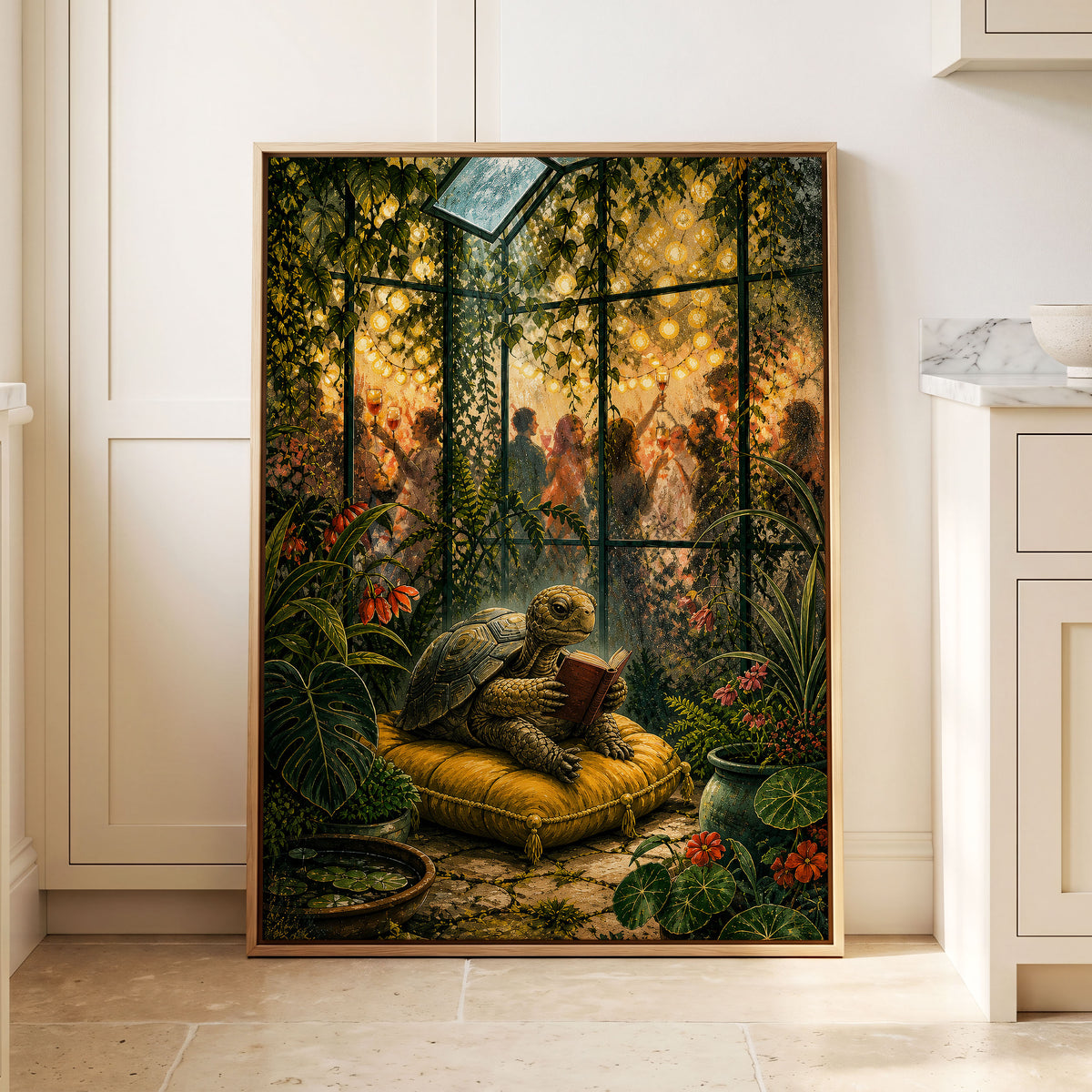 The Glasshouse Reader, green, gold, black nature wall art displayed in a styled interior, gallery view 8