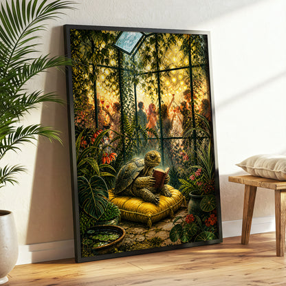 The Glasshouse Reader, green, gold, black nature wall art displayed in a styled interior, gallery view 9