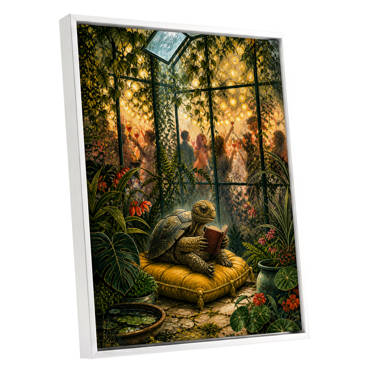 The Glasshouse Reader, green, gold, black nature wall art shown as a white framed canvas wall art