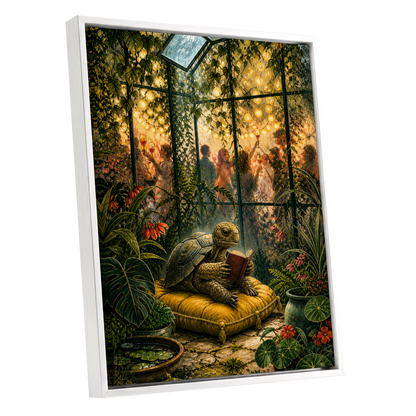 The Glasshouse Reader, green, gold, black nature wall art shown as a white framed canvas wall art