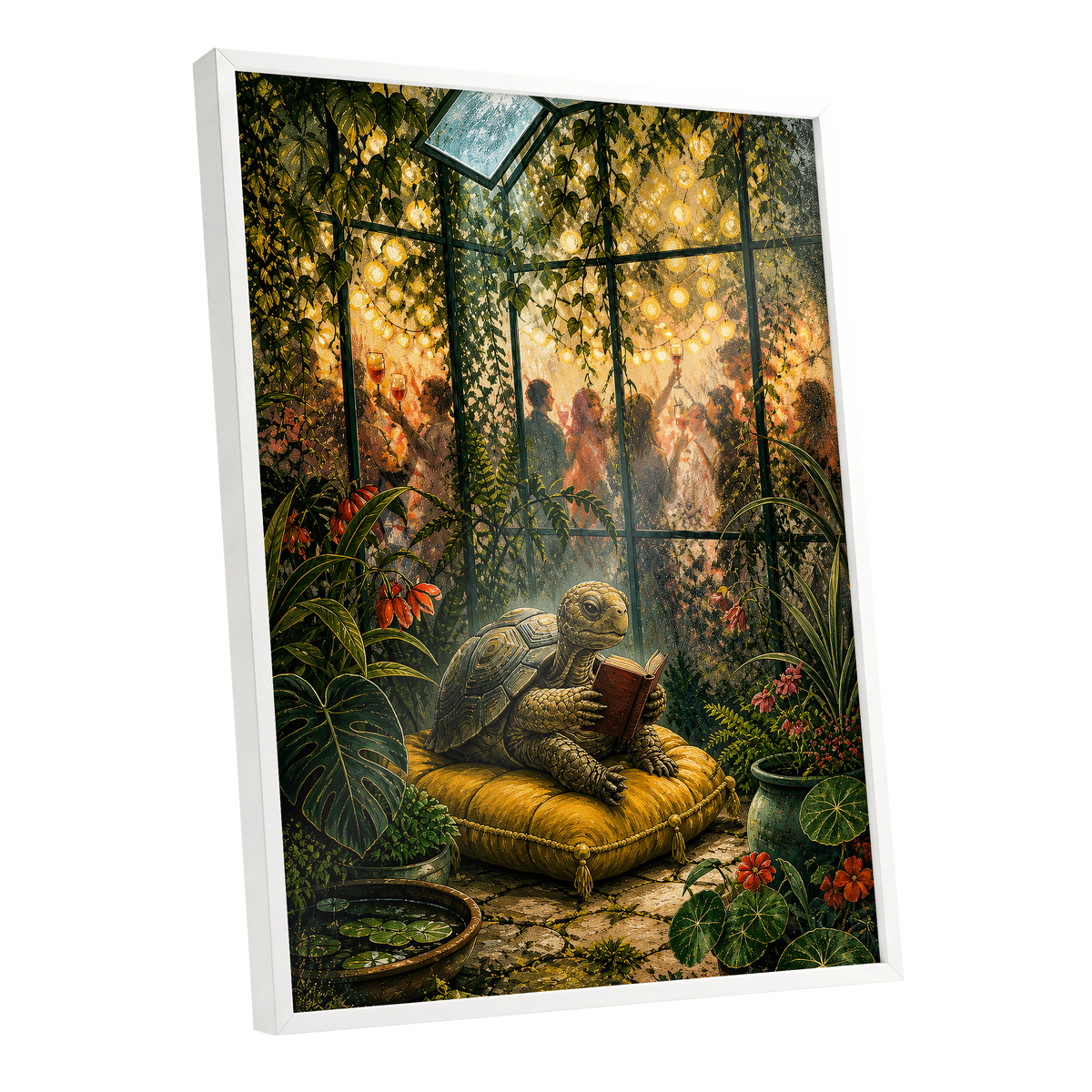 The Glasshouse Reader, green, gold, black nature wall art shown as a white framed poster wall art print
