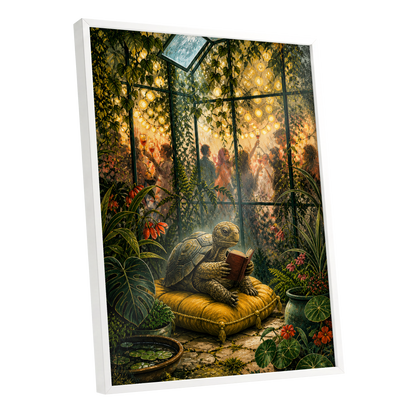 The Glasshouse Reader, green, gold, black nature wall art shown as a white framed poster wall art print