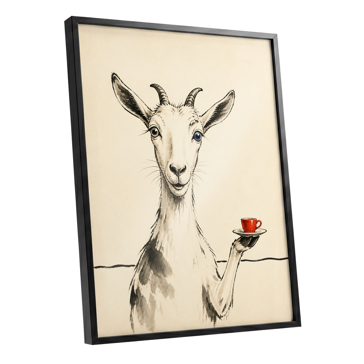 The Goat's Coffee Break, beige, black, gray nature wall art shown as a black framed poster wall art print