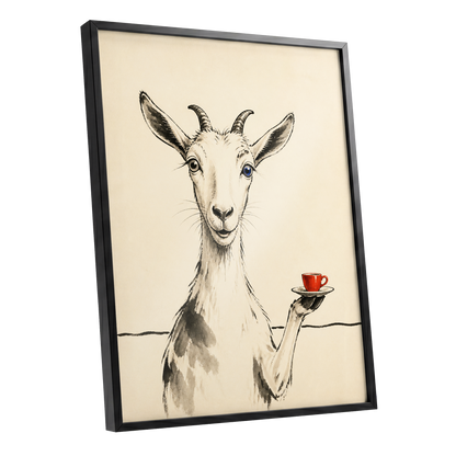 The Goat's Coffee Break, beige, black, gray nature wall art shown as a black framed poster wall art print