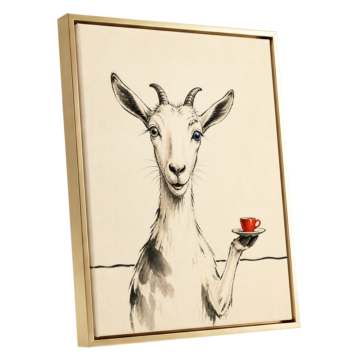 The Goat's Coffee Break, beige, black, gray nature wall art shown as a gold framed canvas wall art