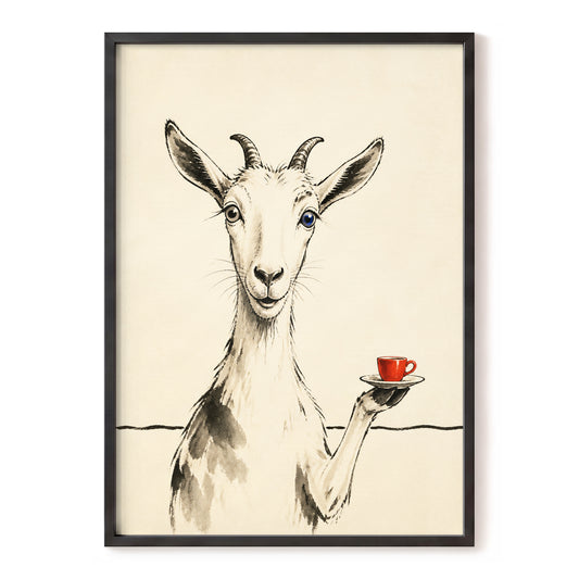 The Goat's Coffee Break, beige, black, gray nature wall art, front artwork view