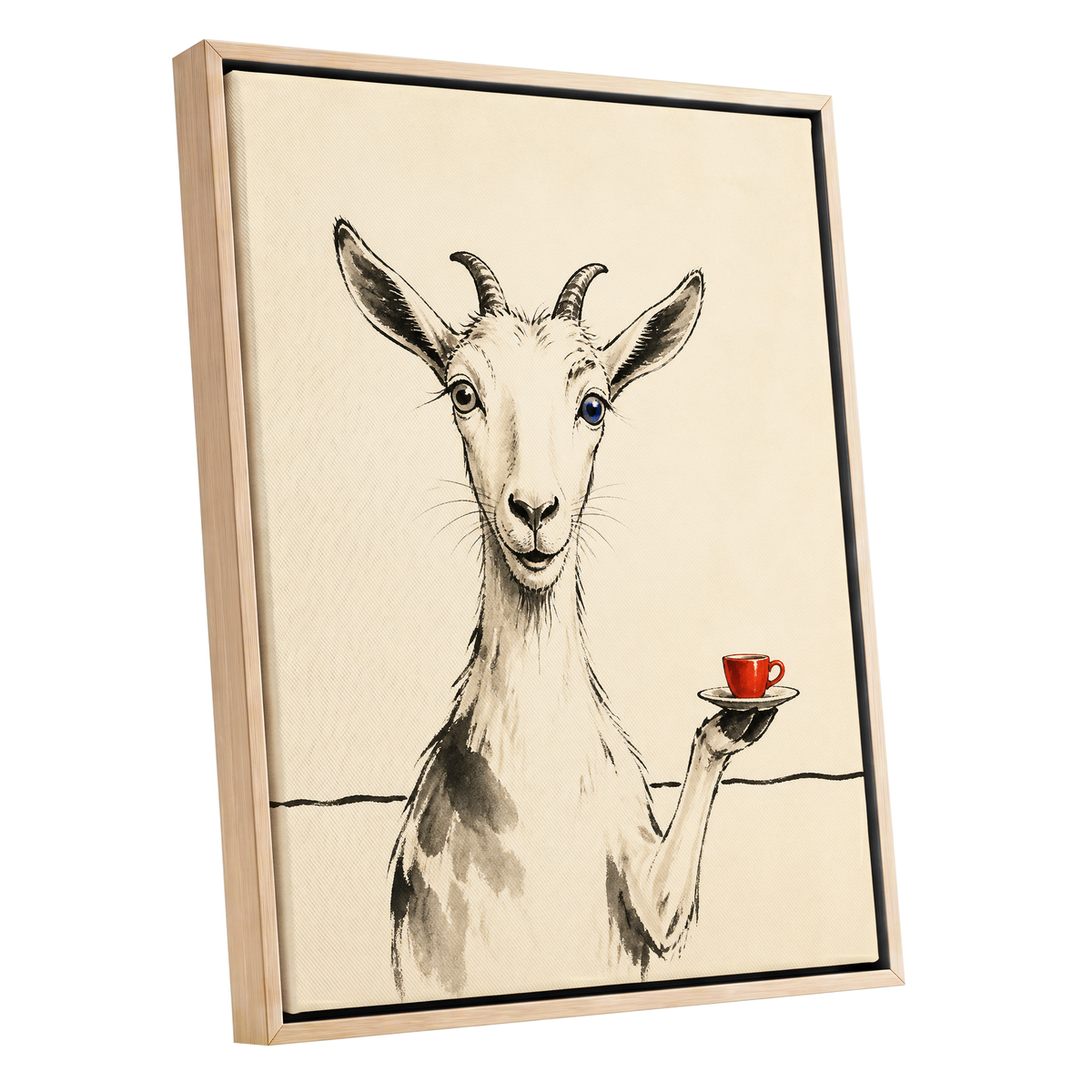 The Goat's Coffee Break, beige, black, gray nature wall art shown as a oak framed canvas wall art