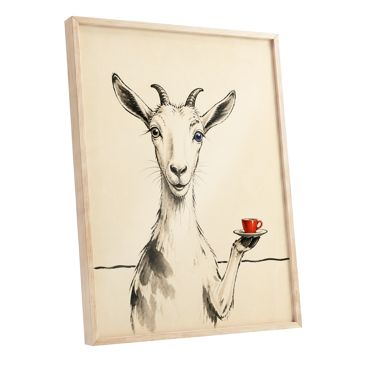 The Goat's Coffee Break, beige, black, gray nature wall art shown as a oak framed poster wall art print