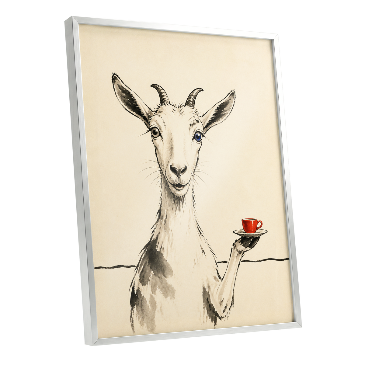 The Goat's Coffee Break, beige, black, gray nature wall art shown as a silver framed poster wall art print