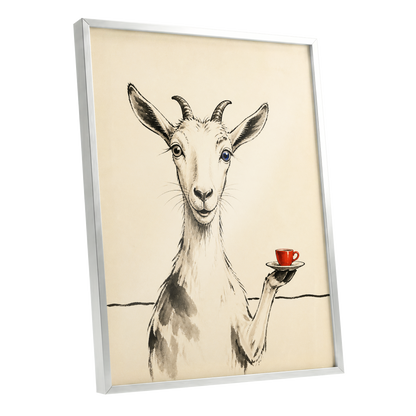 The Goat's Coffee Break, beige, black, gray nature wall art shown as a silver framed poster wall art print