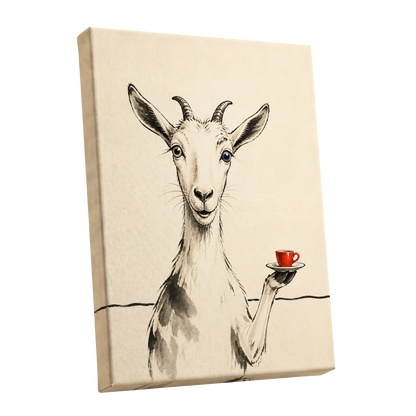 The Goat's Coffee Break, beige, black, gray nature wall art shown as a stretched canvas wall art