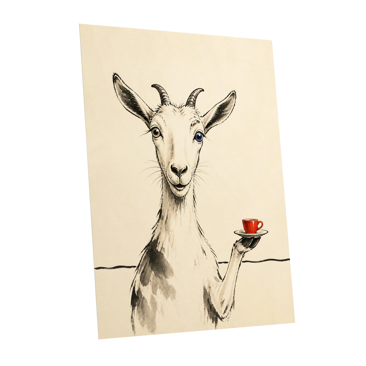 The Goat's Coffee Break, beige, black, gray nature wall art shown as a unframed poster wall art print